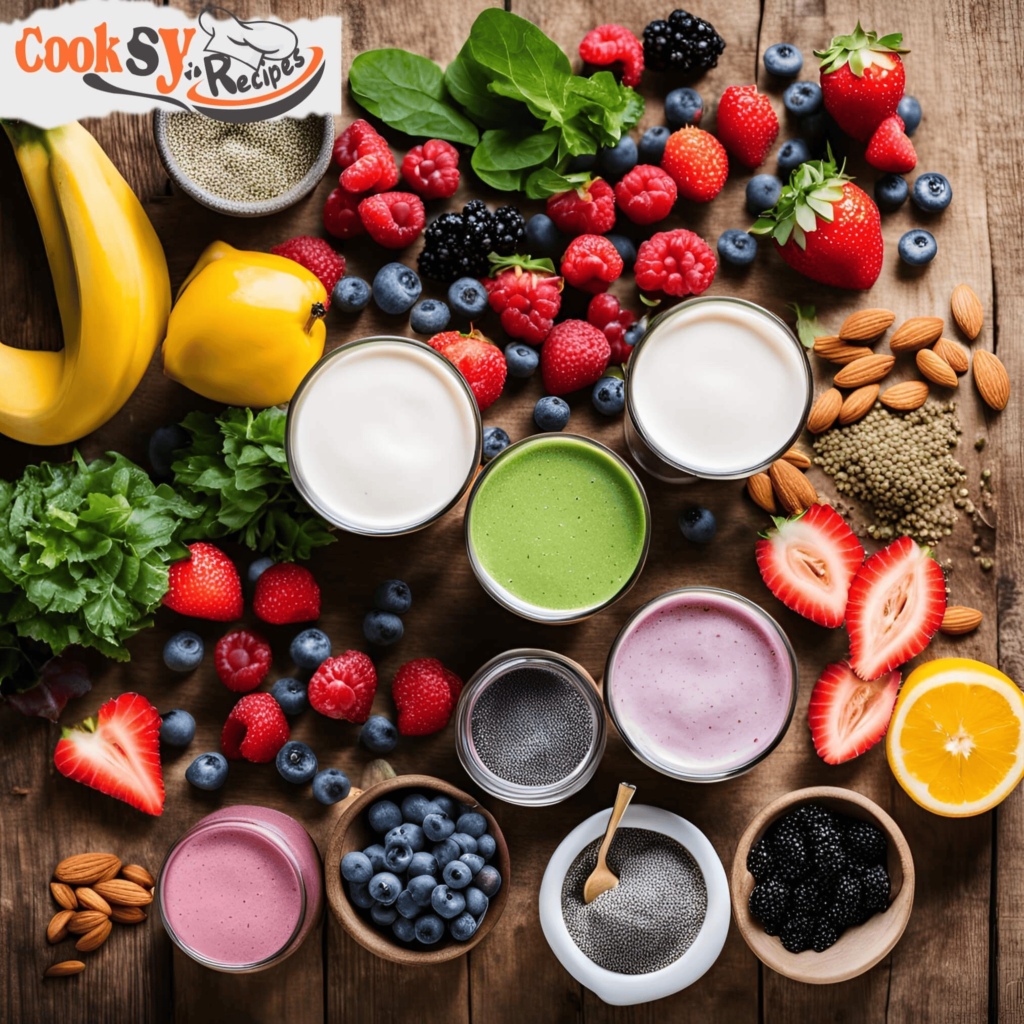 A variety of fresh fruits, vegetables, and smoothie ingredients including berries, spinach, yogurt, chia seeds, and almond milk, displayed on a wooden table.