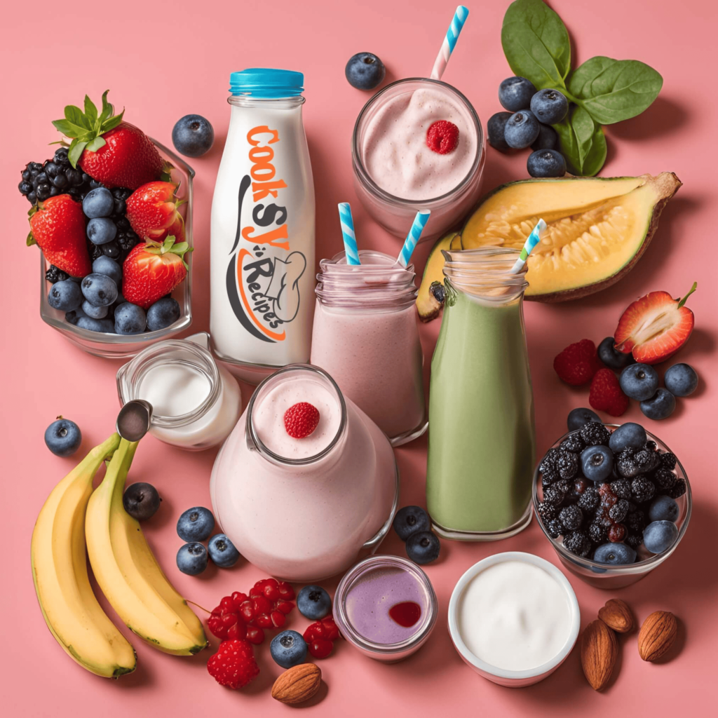 A balanced smoothie with liquid, fruits, and protein ingredients, including almond milk, berries, spinach, and Greek yogurt, arranged to demonstrate ideal ingredient ratios.