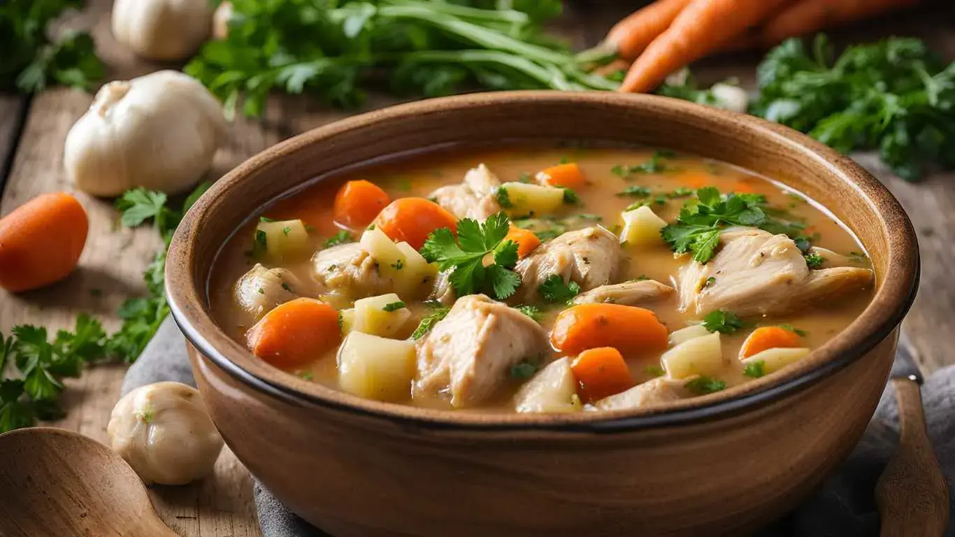 A bowl of hearty chicken stew with vegetables, steaming on a wooden table, surrounded by fresh ingredients.