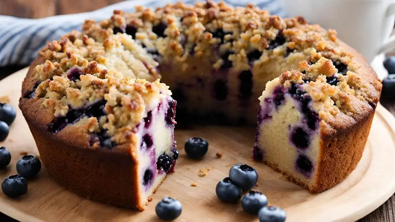 Freshly baked sour cream blueberry coffee cake with cinnamon streusel topping, served on a rustic wooden table with a cup of coffee and fresh blueberries.