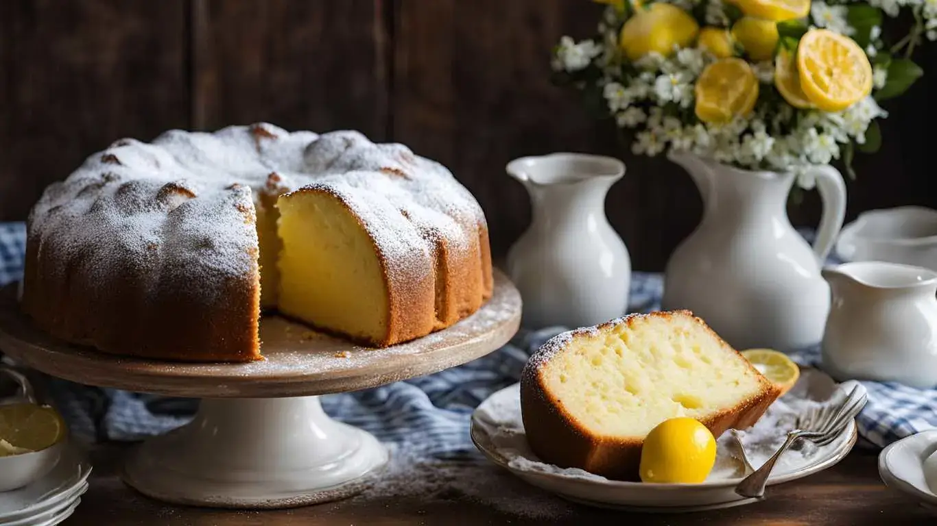 A rustic Italian yogurt cake dusted with powdered sugar on a vintage cake stand, surrounded by fresh ingredients like eggs, yogurt, flour, sugar, and lemons on a wooden table with a checkered tablecloth.