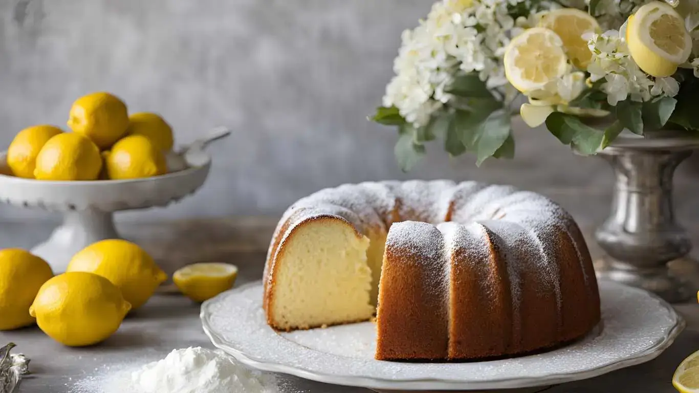 A classic Italian yogurt cake dusted with powdered sugar on a vintage cake stand, surrounded by a handwritten recipe card, a wooden rolling pin, and fresh lemons in a cozy, rustic kitchen.