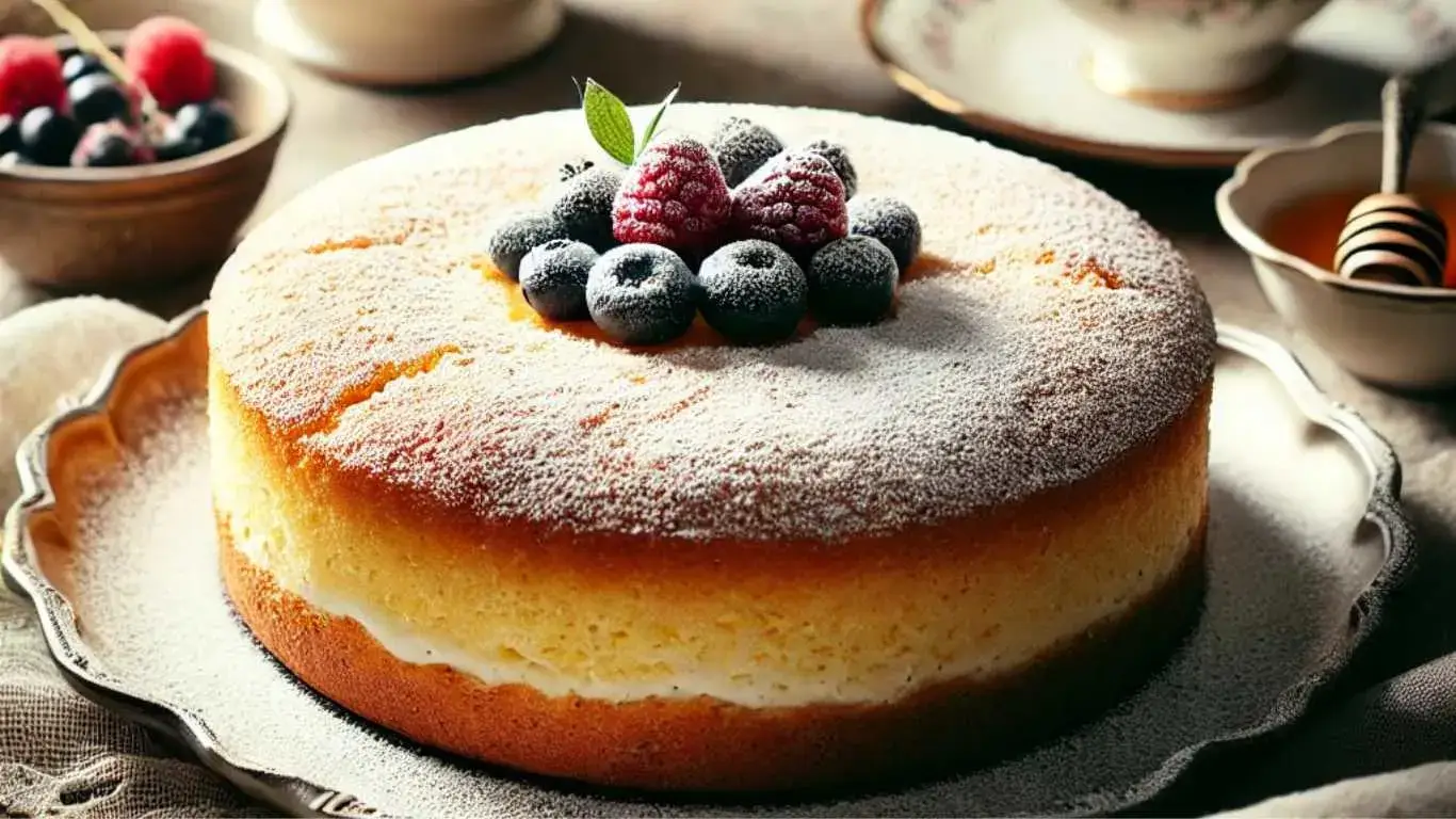 Grandma's Italian Yogurt Cake topped with powdered sugar and fresh berries, served on a vintage plate.