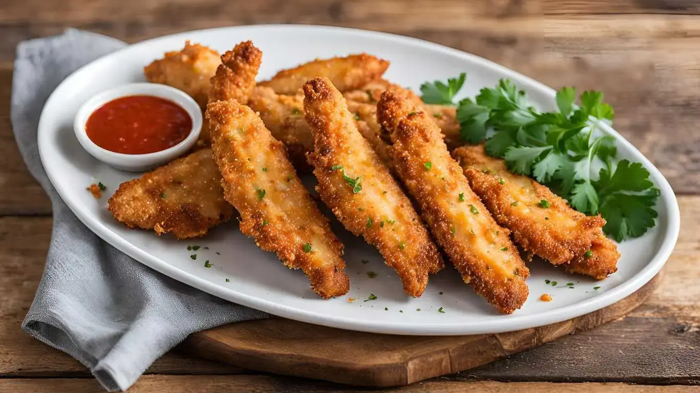 Golden-brown crispy Parmesan chicken tenders on a white plate, garnished with fresh parsley, served with a side of marinara sauce for dipping, on a rustic wooden background.