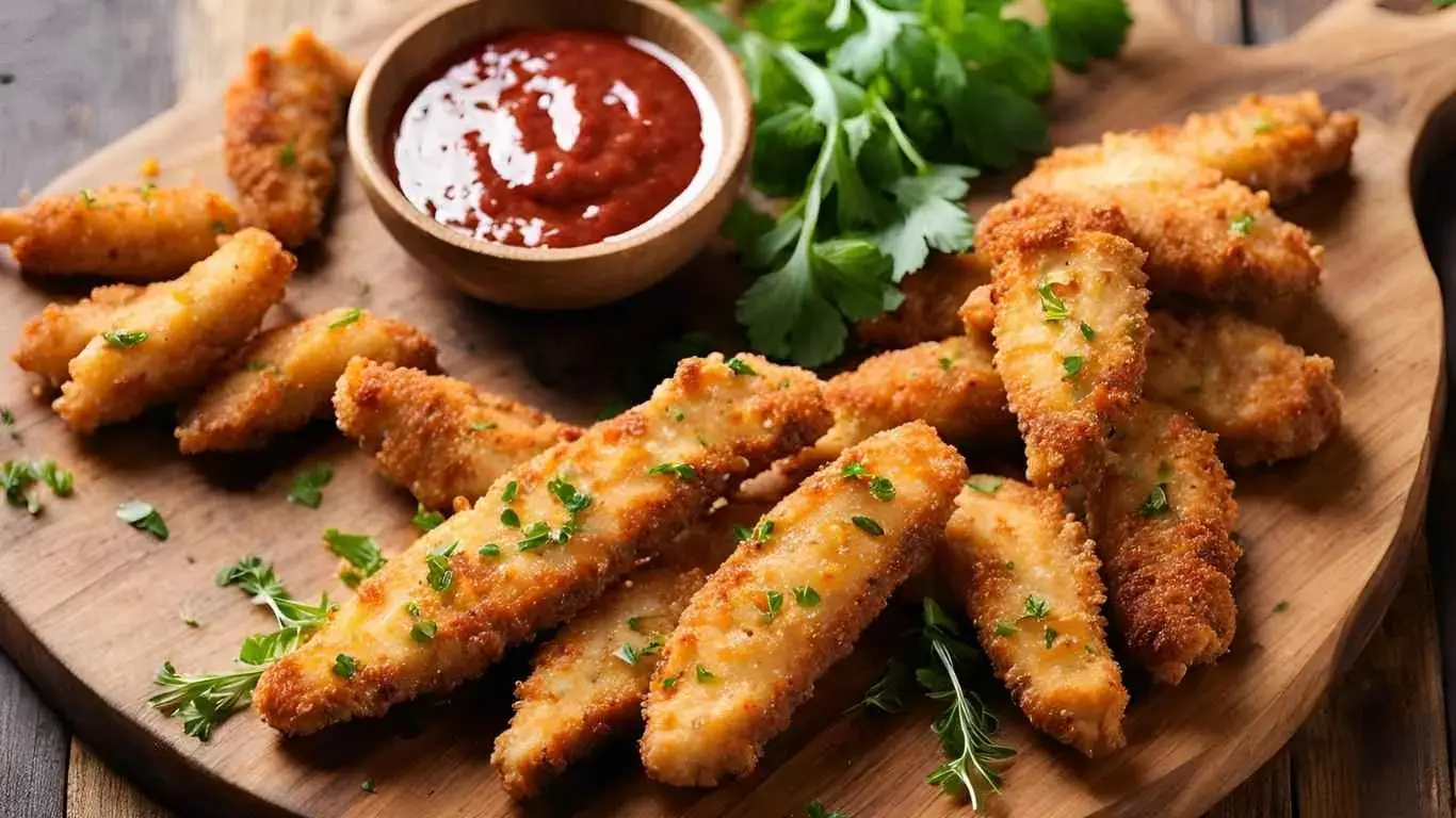 Golden crispy Parmesan chicken tenders on a wooden platter with dipping sauce and fresh herbs, showcasing a delicious and easy-to-make snack.