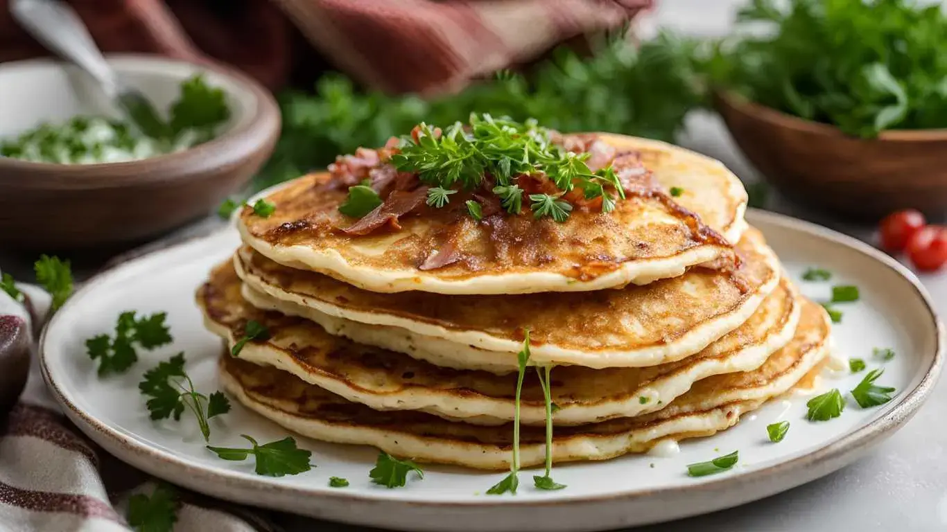 A stack of golden savory pancakes garnished with fresh herbs and sour cream, served with crispy bacon and a bowl of grated cheese on a rustic kitchen countertop.