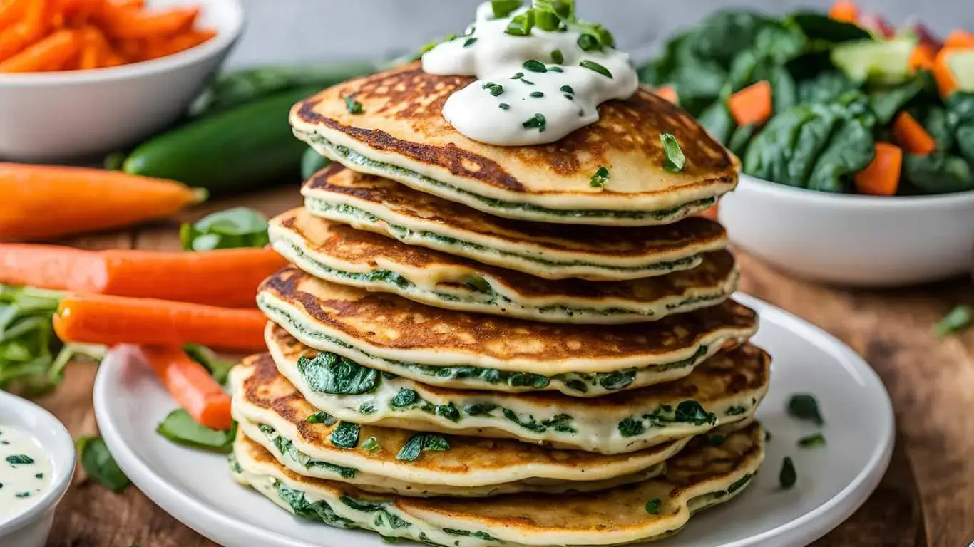 Kid-friendly savory pancakes stacked with fresh vegetables, served with a side of ranch dressing, perfect for little hands.