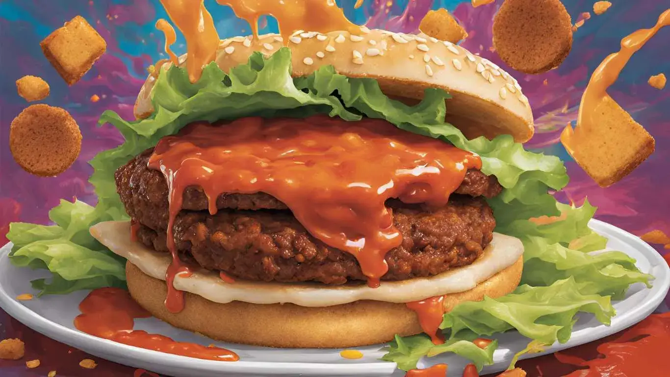 Juicy smash patty with crispy edges, melted cheese, and secret sauce on a skillet, surrounded by fresh burger ingredients