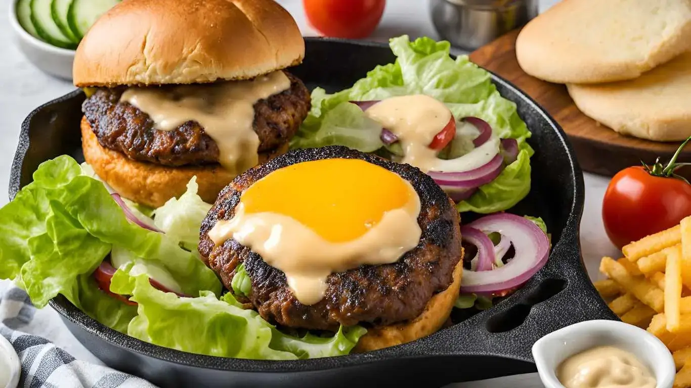 A perfectly cooked smash patty with crispy edges and melted cheese on a cast iron skillet, accompanied by a bowl of secret sauce and fresh burger toppings.