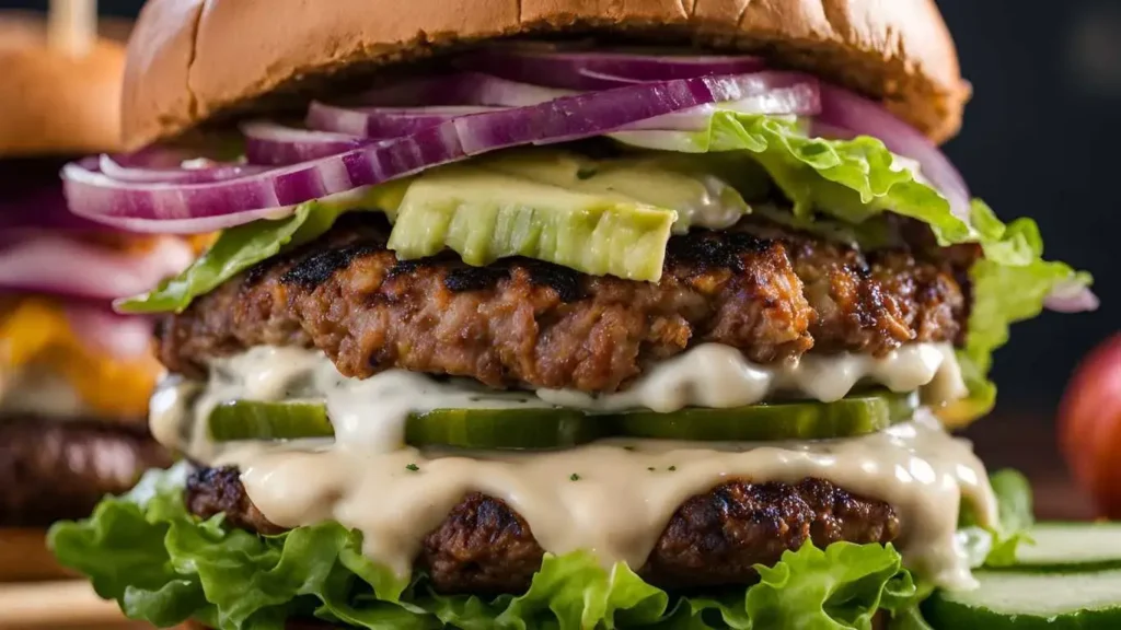 Close-up of a smashing patty topped with secret sauce and fresh toppings, placed on a toasted burger bun.