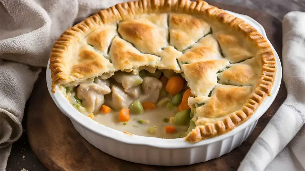 A golden, flaky chicken pot pie fresh out of the oven, with creamy filling visible through a slice cut out of the pie, placed on a rustic table.