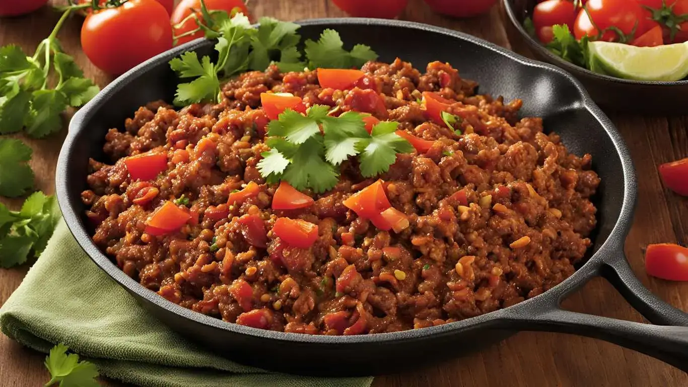 Golden-brown, perfectly seasoned taco meat in a skillet, ready for tacos, burritos, or nachos, with fresh cilantro and diced tomatoes.