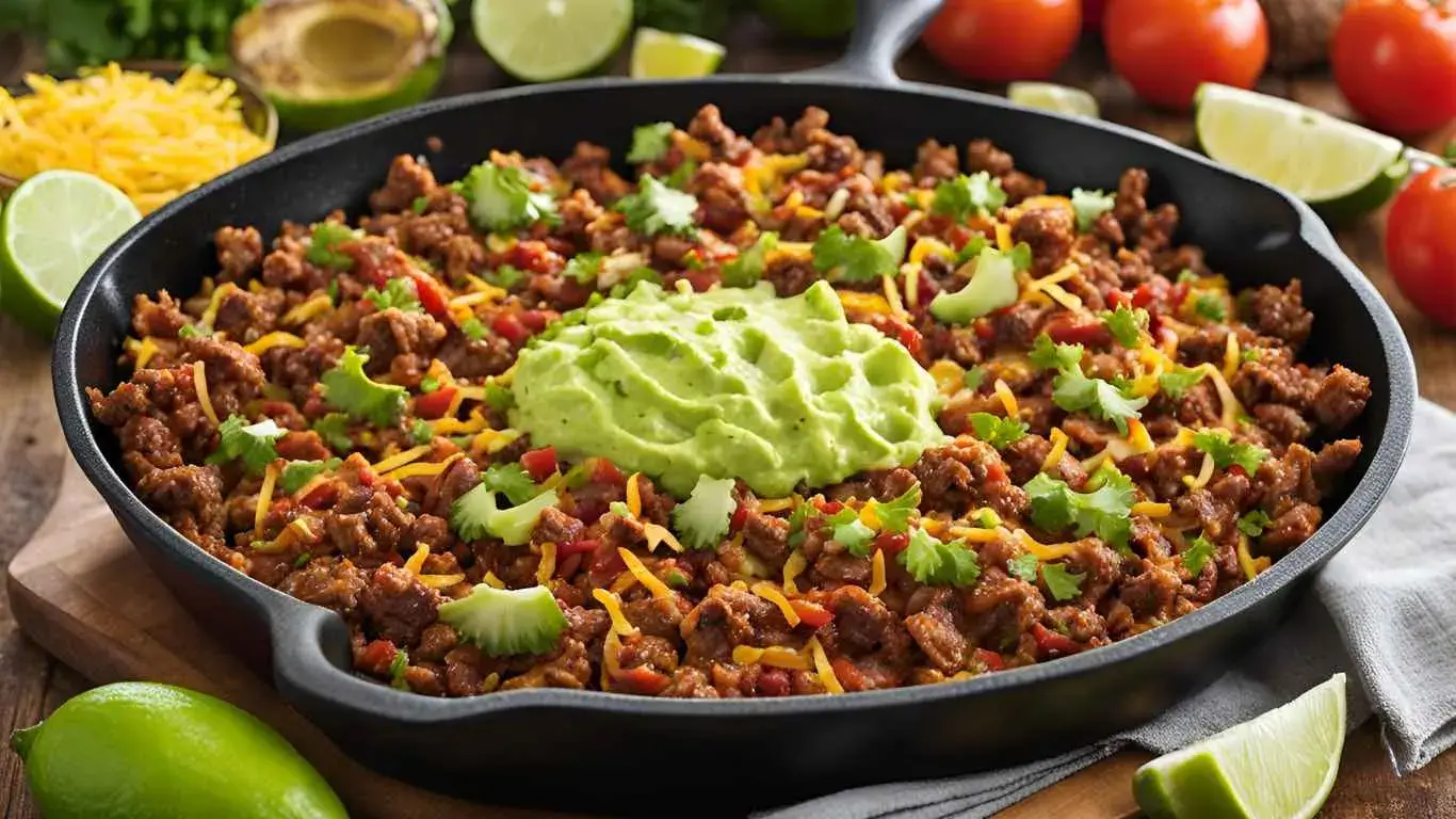 A skillet filled with sizzling, seasoned taco meat surrounded by fresh taco ingredients like tortillas, lettuce, tomatoes, cheese, guacamole, and lime wedges on a rustic kitchen table.