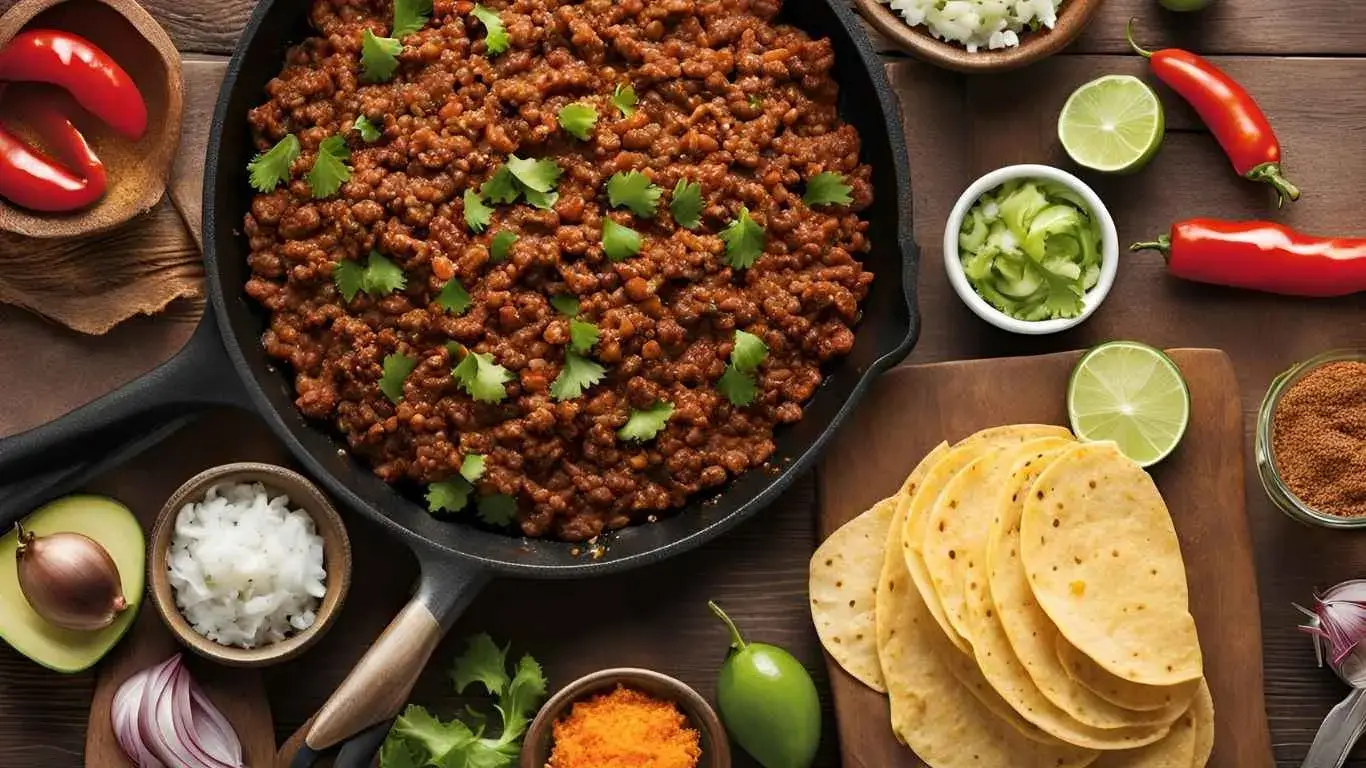 Close-up of sizzling homemade taco meat in a skillet, seasoned with spices and surrounded by taco shells, cheese, lettuce, and lime wedges.