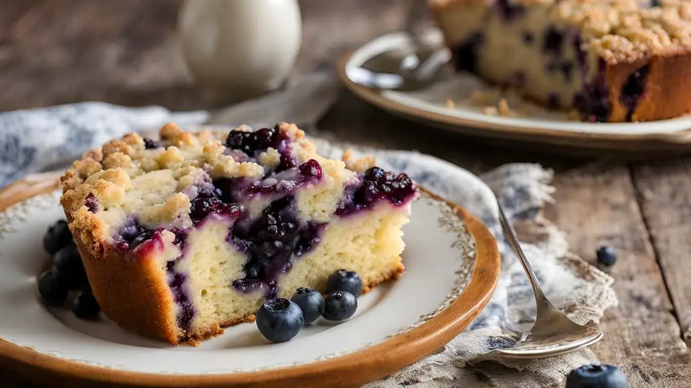 Freshly baked Sour Cream Blueberry Coffee Cake with streusel topping, served with coffee and fresh blueberries on a rustic table.