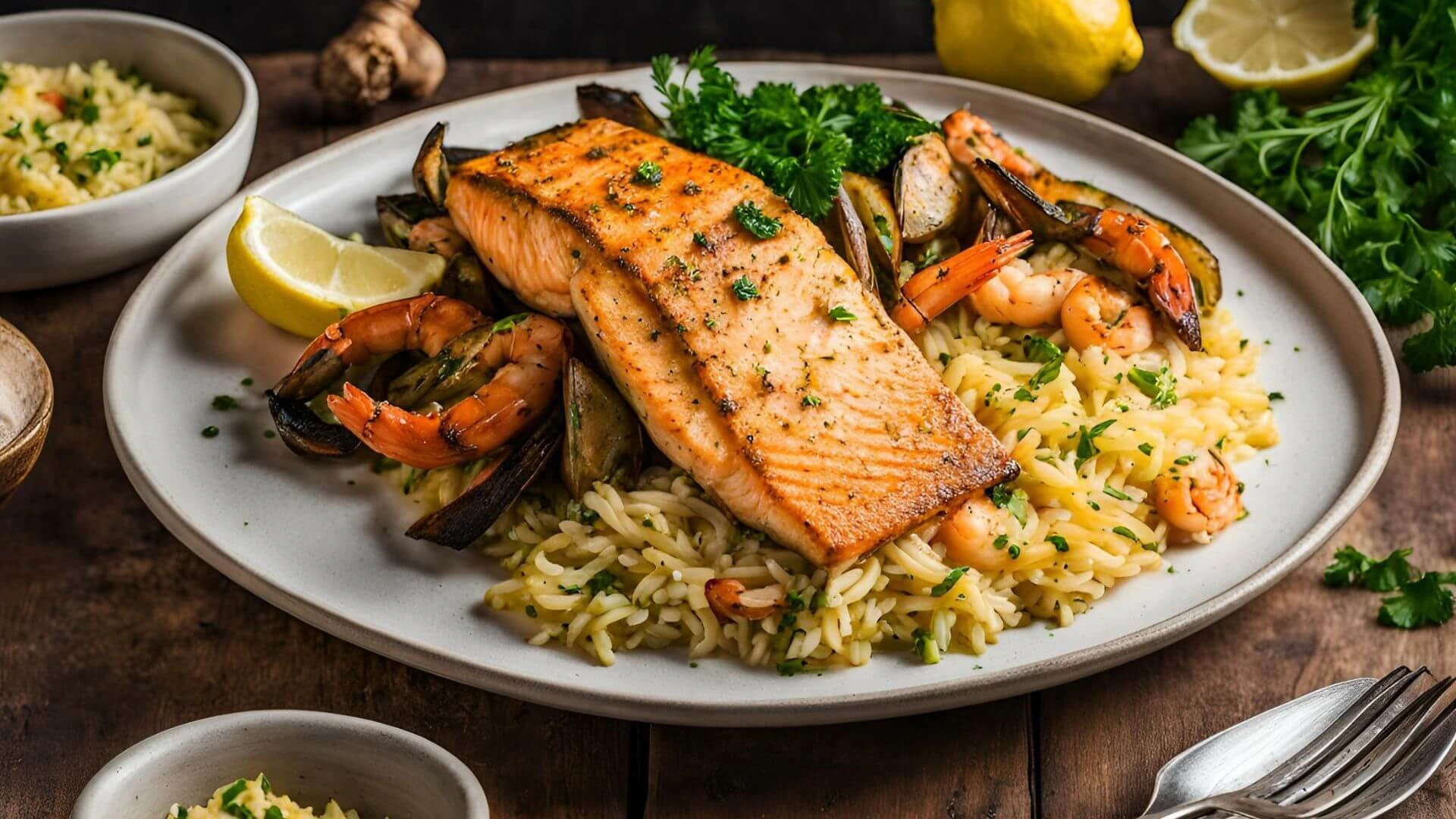 A plate of Cajun salmon and shrimp garnished with parsley and lemon wedges, accompanied by garlic butter rice and roasted vegetables.