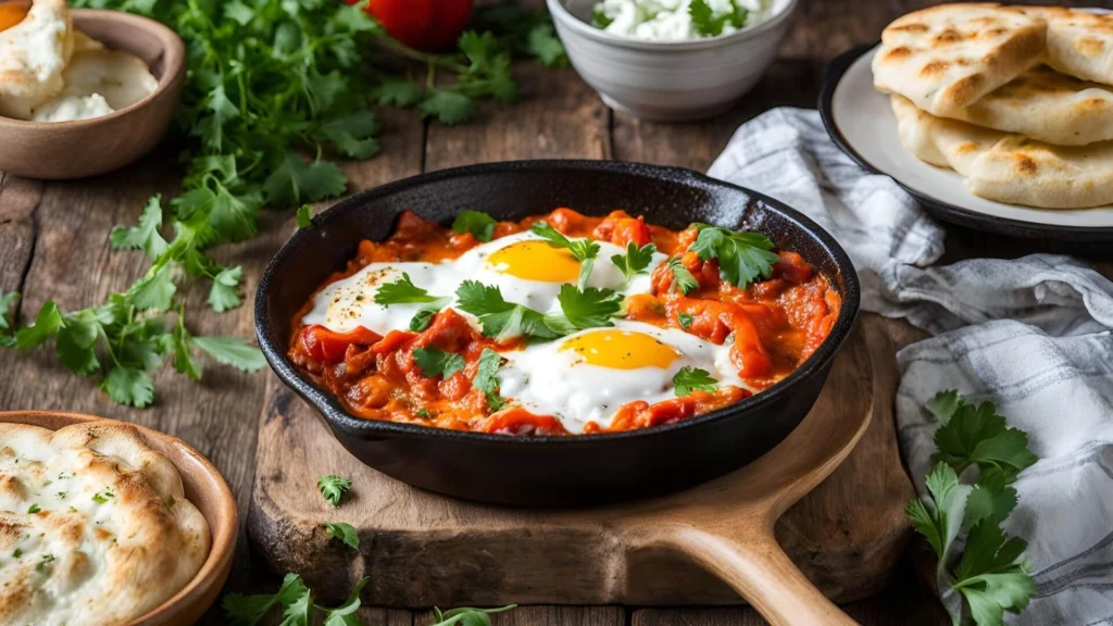 A close-up view of shakshuka in a skillet, showcasing poached eggs in a spiced tomato and bell pepper sauce, garnished with parsley and feta cheese, accompanied by pita bread on a rustic table.