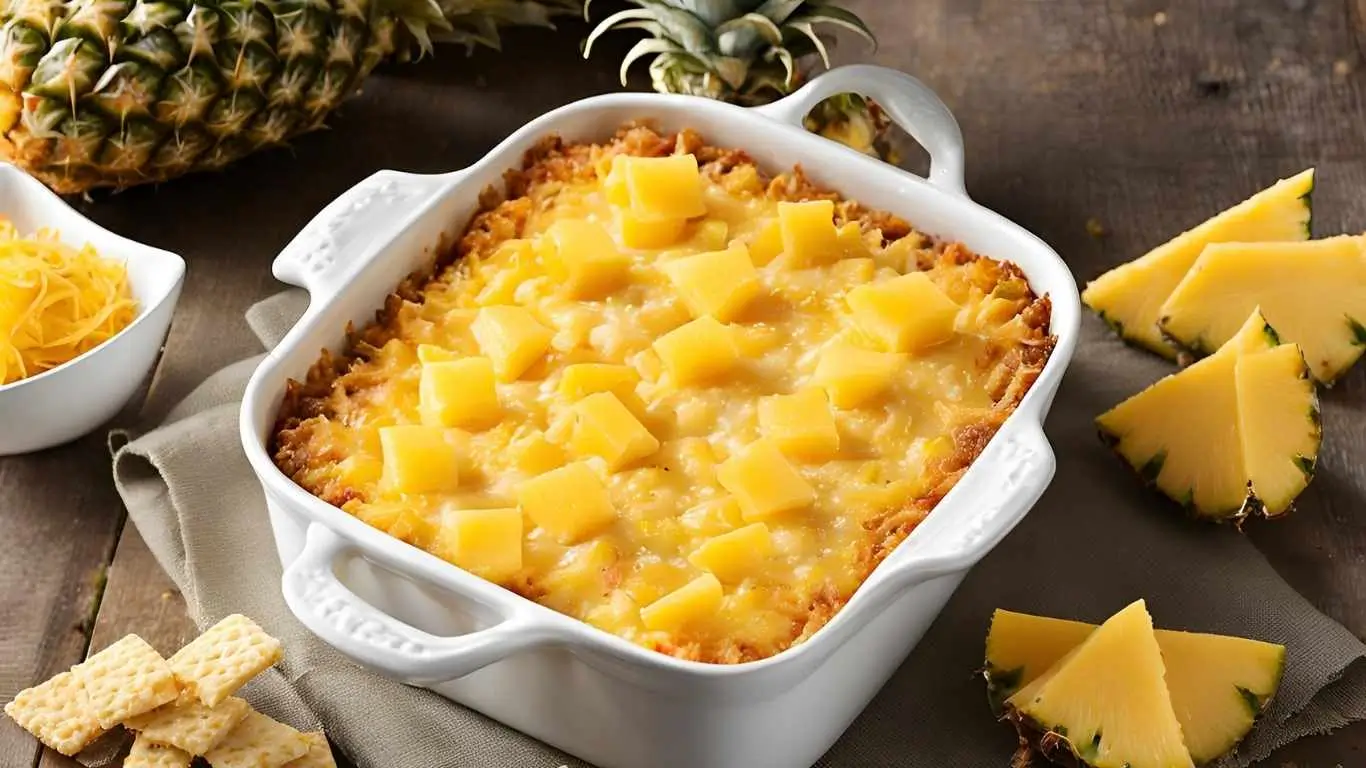 A golden, bubbly pineapple casserole in a ceramic dish, topped with a buttery Ritz cracker crust, served on a rustic wooden table with fresh pineapple slices and shredded cheddar cheese.