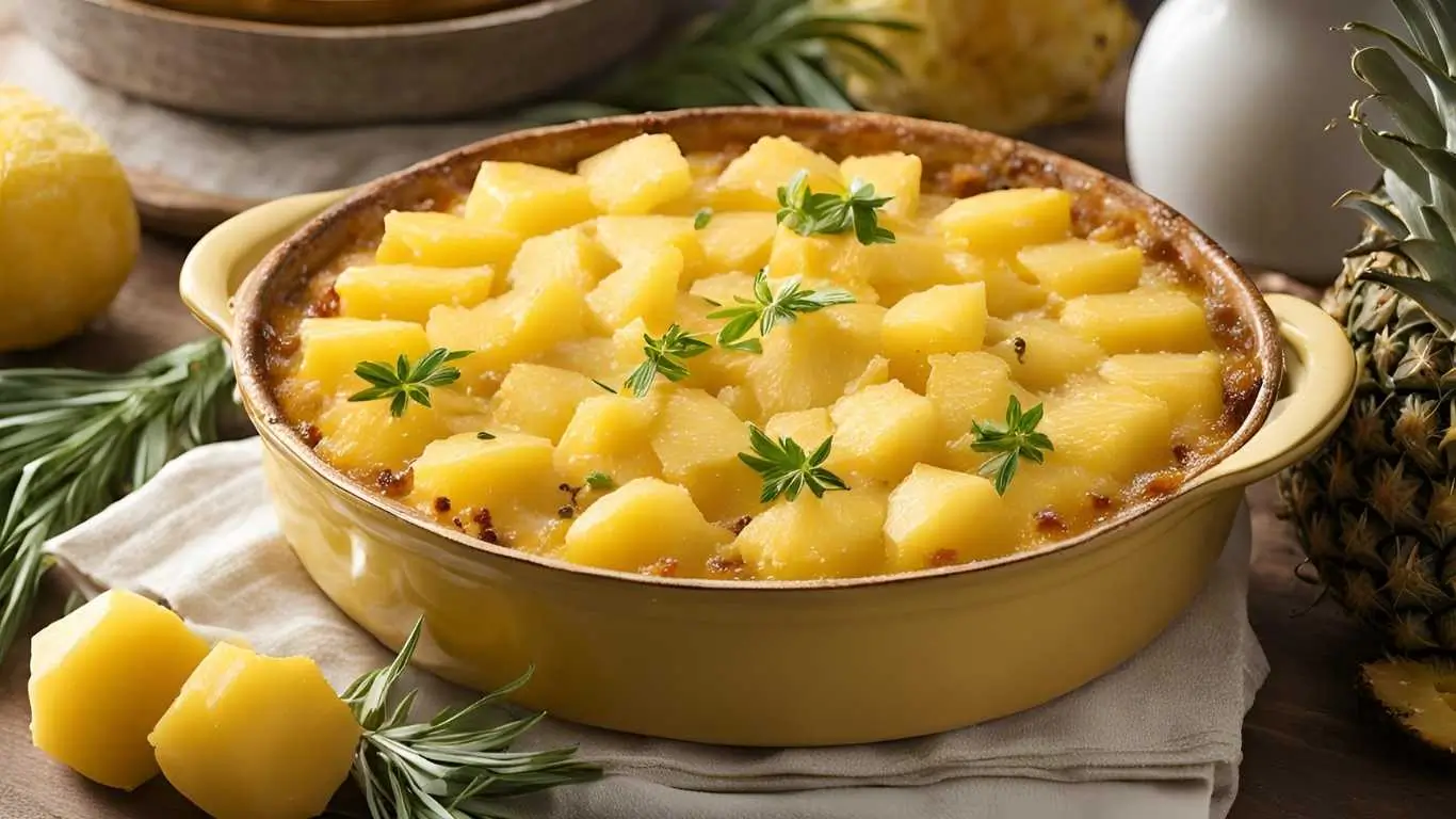 A golden, cheesy pineapple casserole in a rustic baking dish, fresh out of the oven with a crispy topping and garnished with fresh herbs. Perfect for holidays, potlucks, or family dinners.