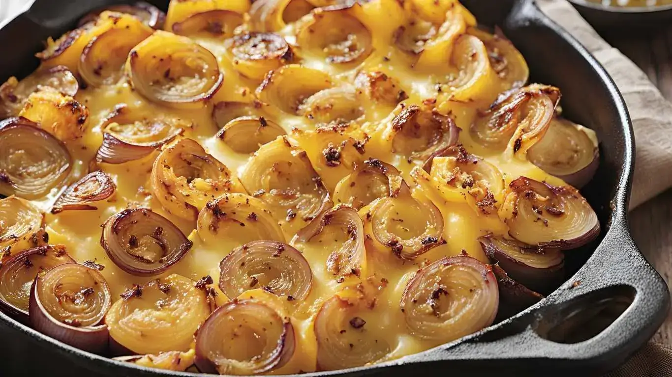 A close-up of cheesy Tennessee onions, freshly baked with gooey, golden cheese, buttery layers, and sprinkled with herbs, served alongside grilled meats at a backyard cookout.