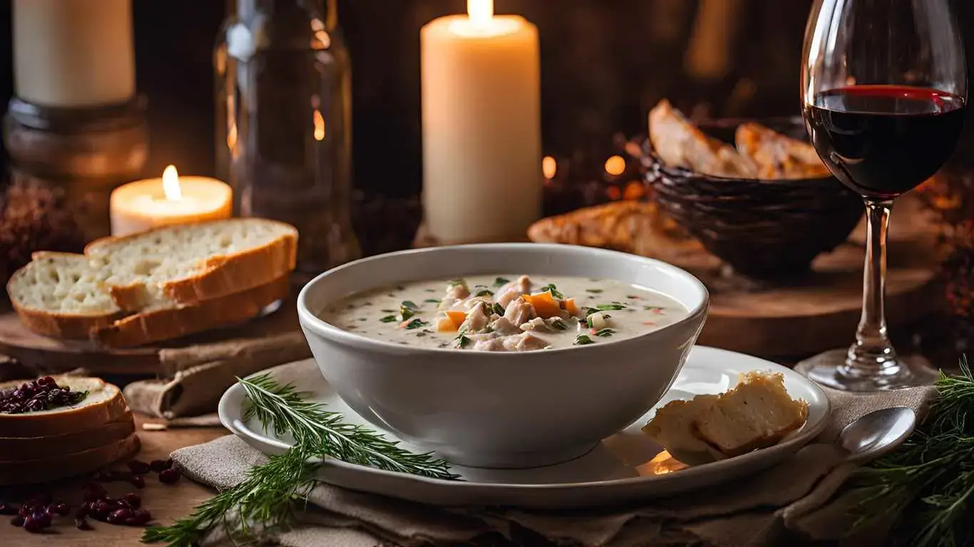 Cozy dinner table with creamy chicken and wild rice soup, crusty bread, and wine, set in a warm, inviting atmosphere with candlelight.