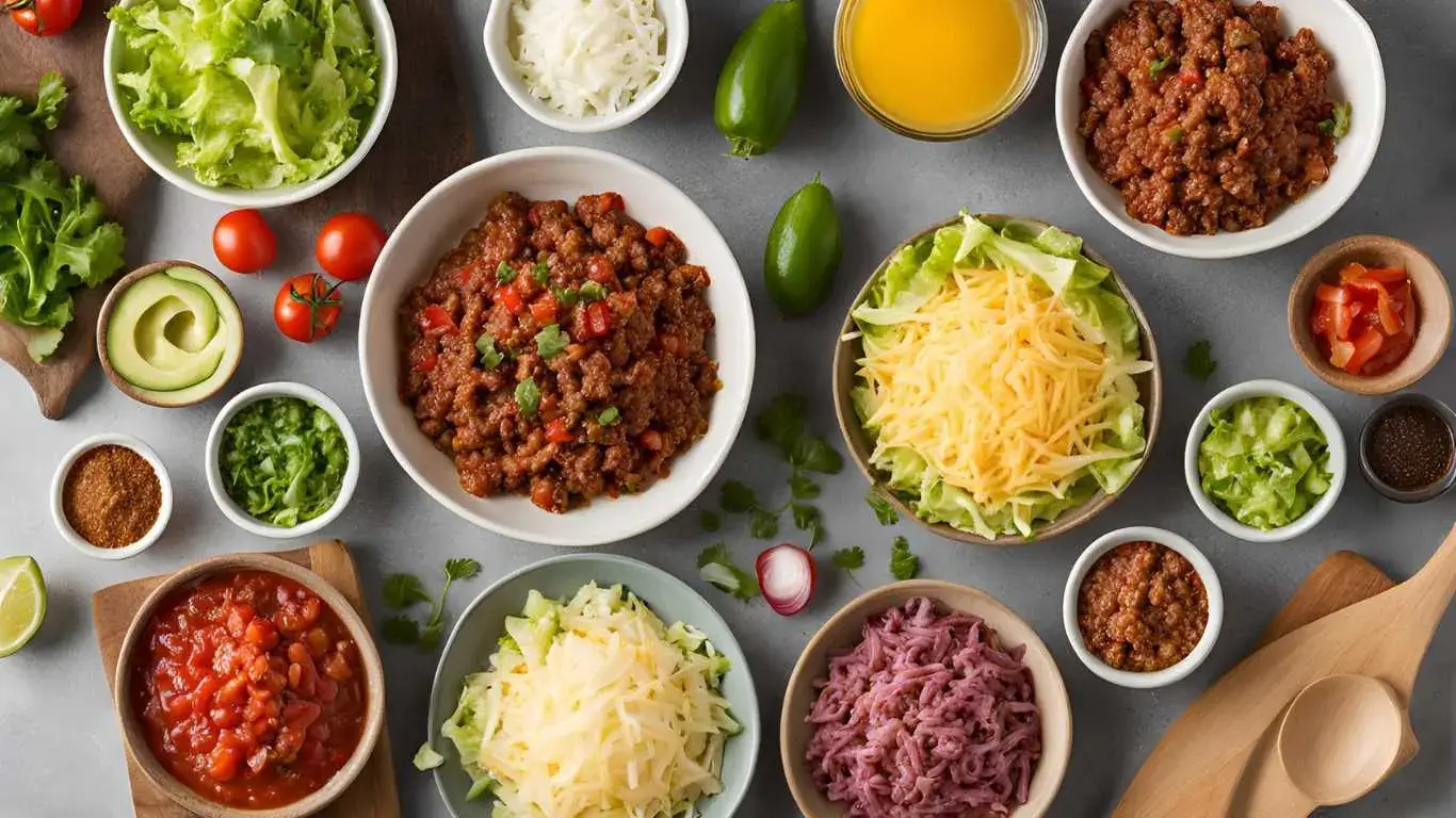 Step-by-step guide to making the ultimate taco filling, featuring fresh ingredients, a sizzling skillet, and assembled tacos with cilantro and lime.