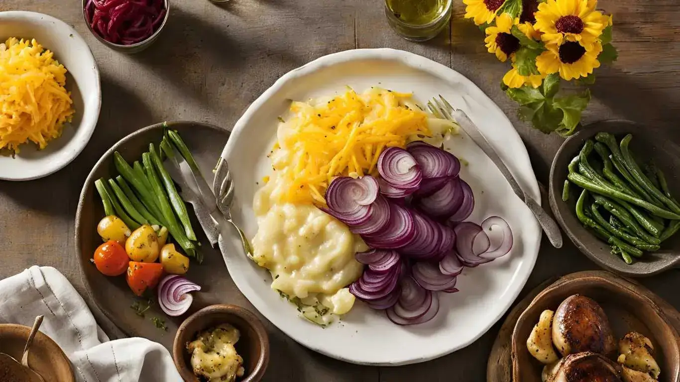 Tennessee Onions in a golden, cheesy perfection surrounded by vibrant side dishes on a rustic dinner table.