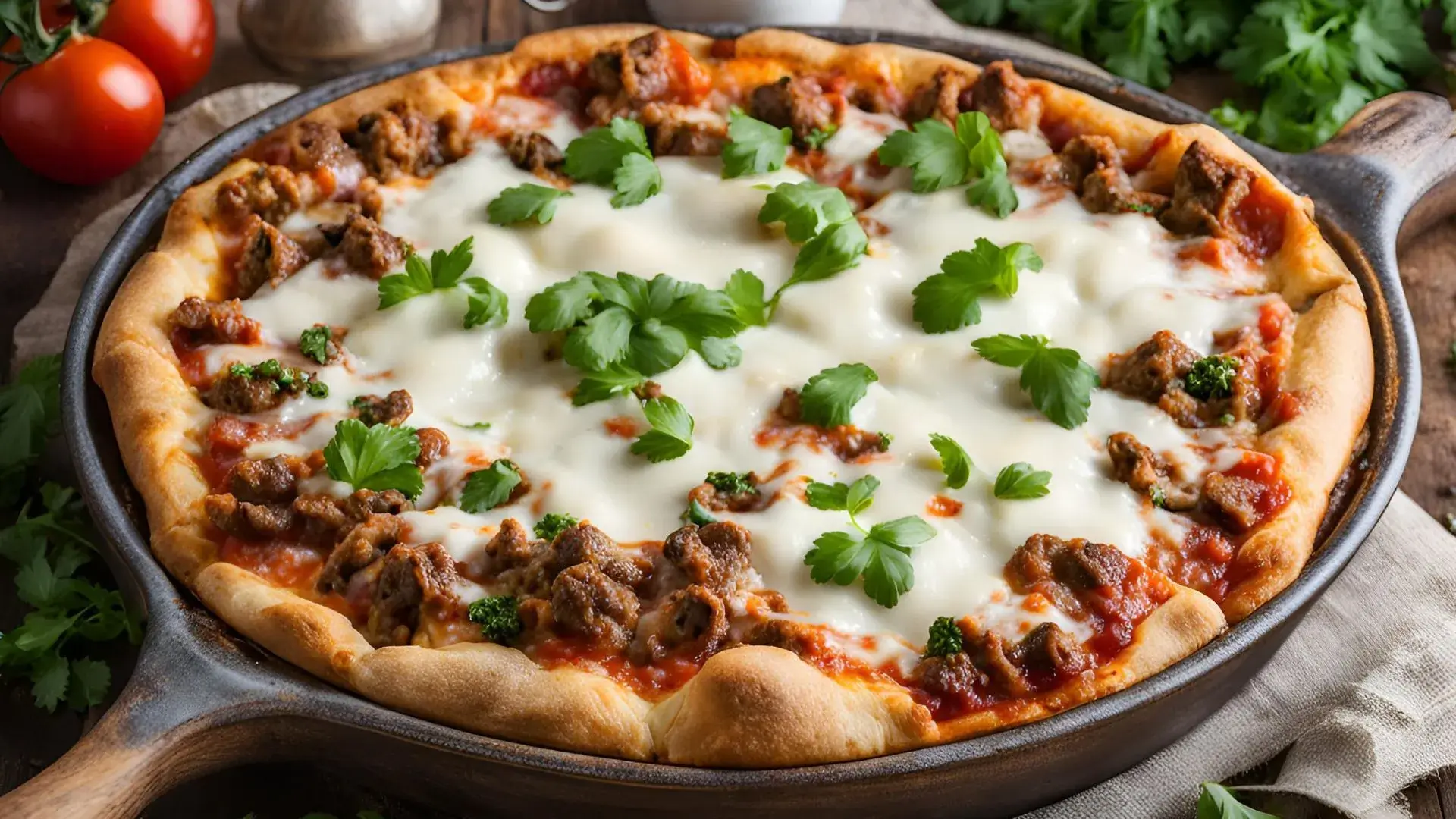 Cheesy beef pizza casserole in a baking dish, topped with melted mozzarella and parsley.