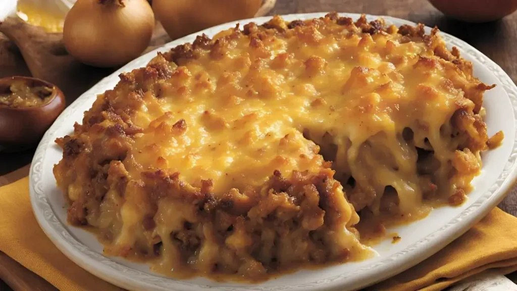 A close-up of golden-brown, cheesy baked Tennessee Onions topped with a bubbly crust, served on a rustic plate.