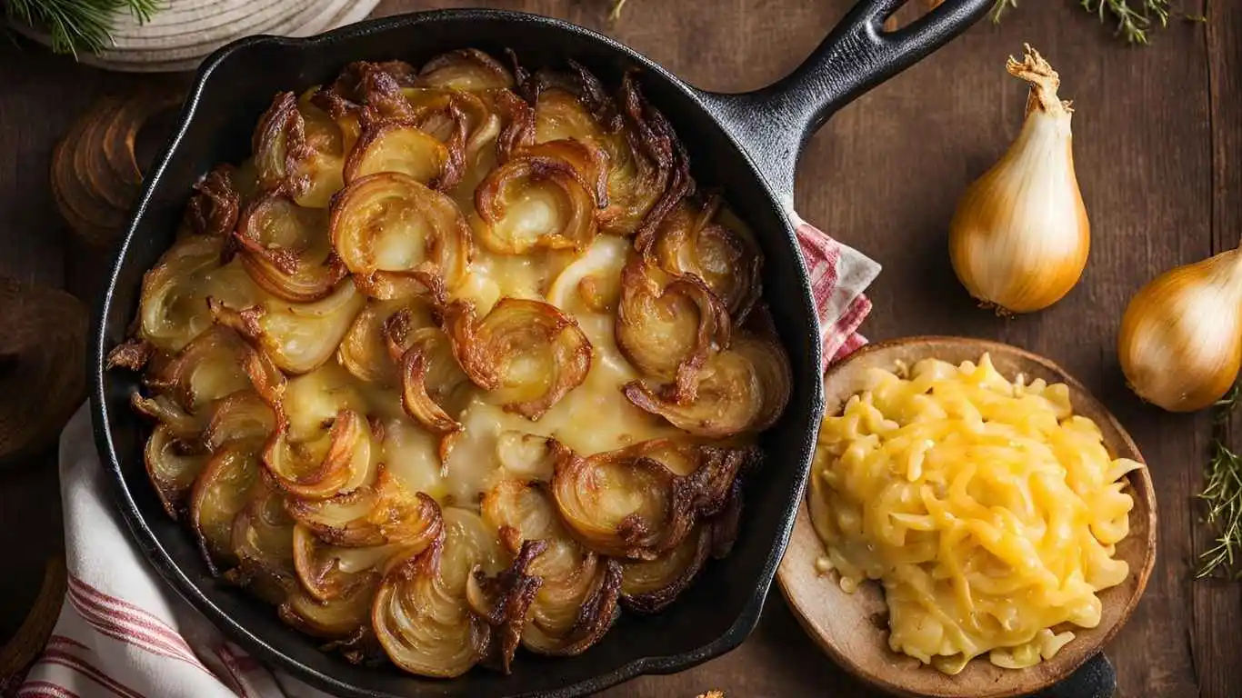 A close-up of a cheesy, golden-baked Tennessee Onions dish in a cast-iron skillet, garnished with fresh herbs for a mouthwatering presentation.