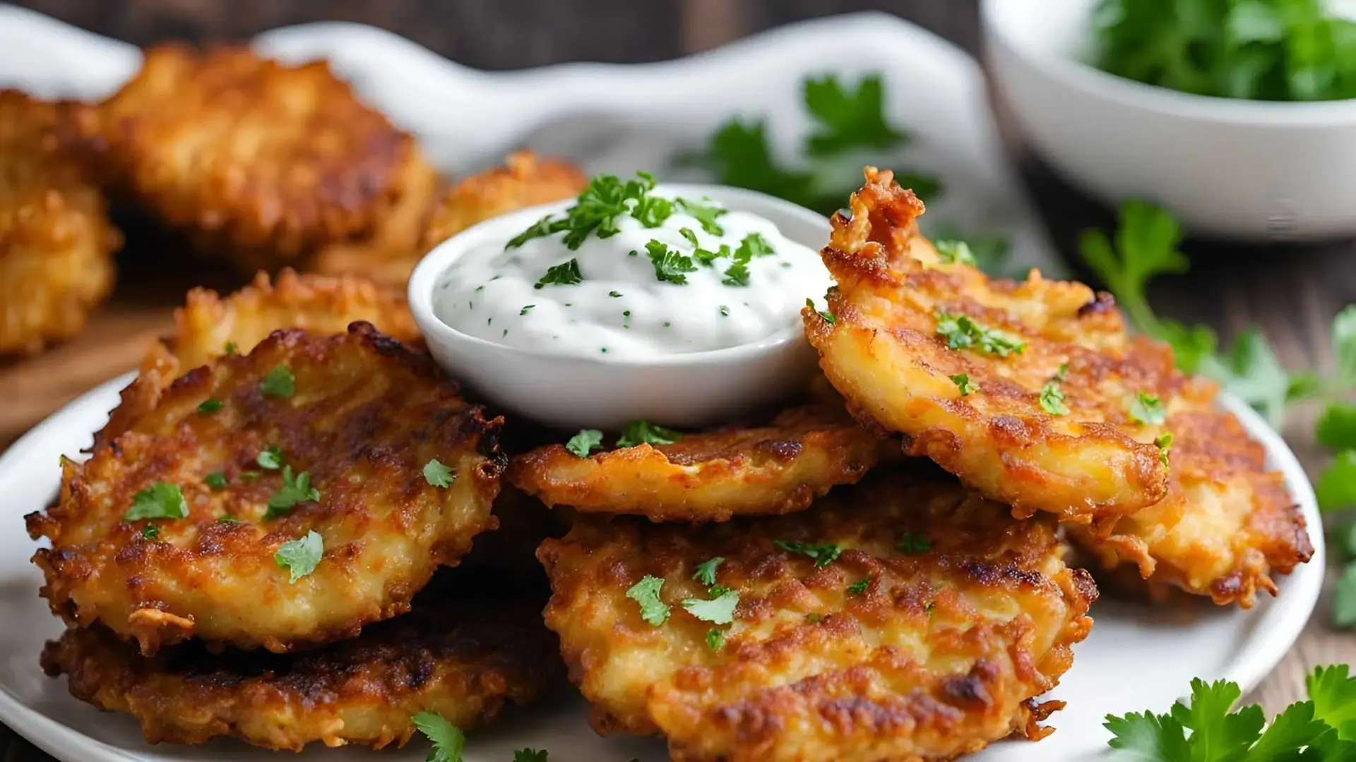 Golden brown crispy potato fritters served with a bowl of herb yogurt dip, garnished with fresh parsley