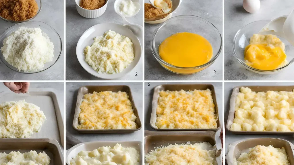 Step-by-step process of making cheesy potato puffs: preparing mashed potatoes, mixing with ingredients, shaping into puffs, and baking.