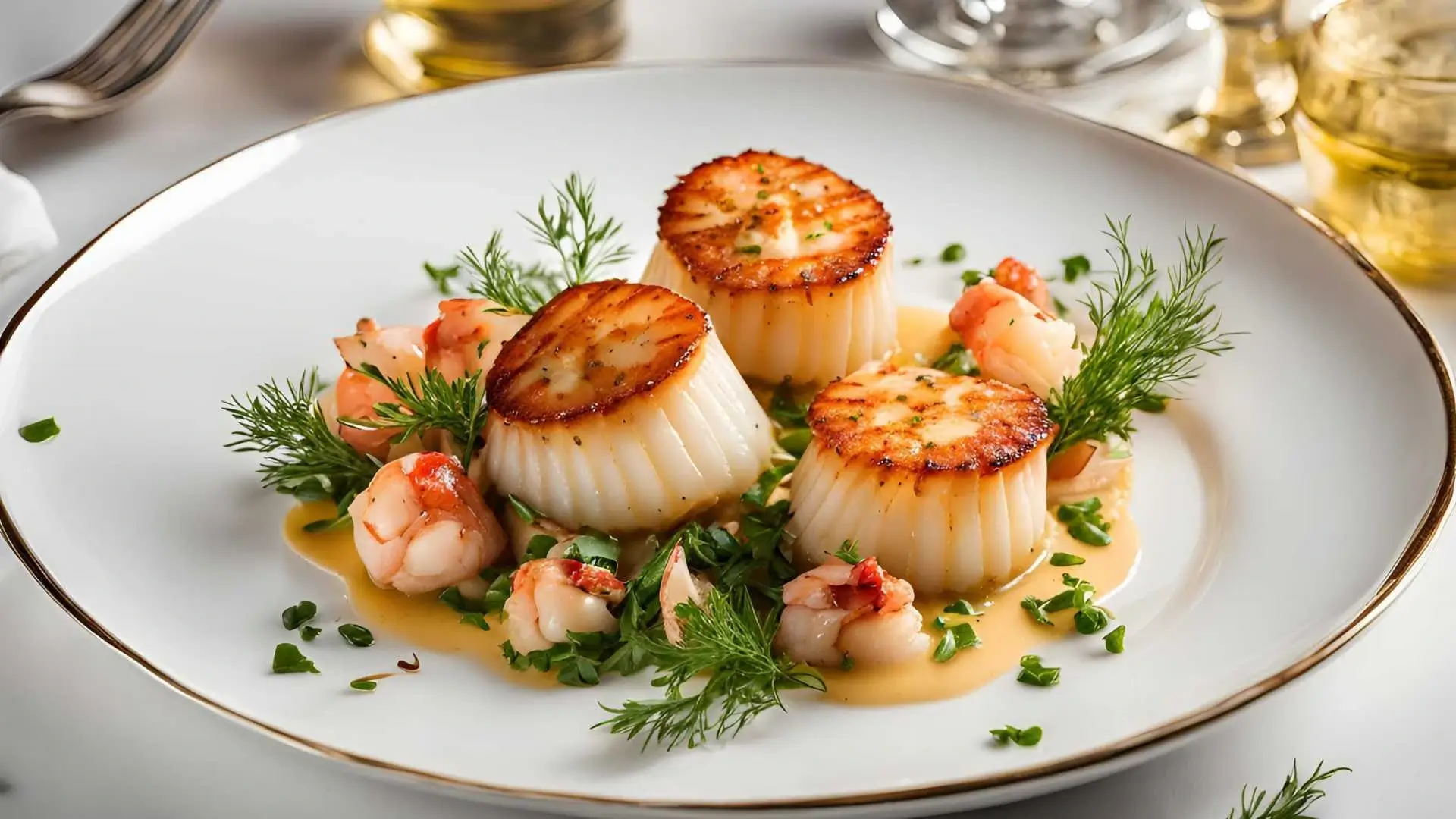 Garlic Butter Lobster and Scallops, served with fresh herbs on a white plate.