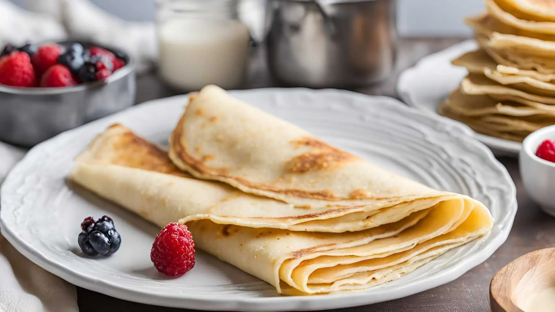 A plate of classic French crepes topped with powdered sugar and fresh strawberries, drizzled with honey or syrup.