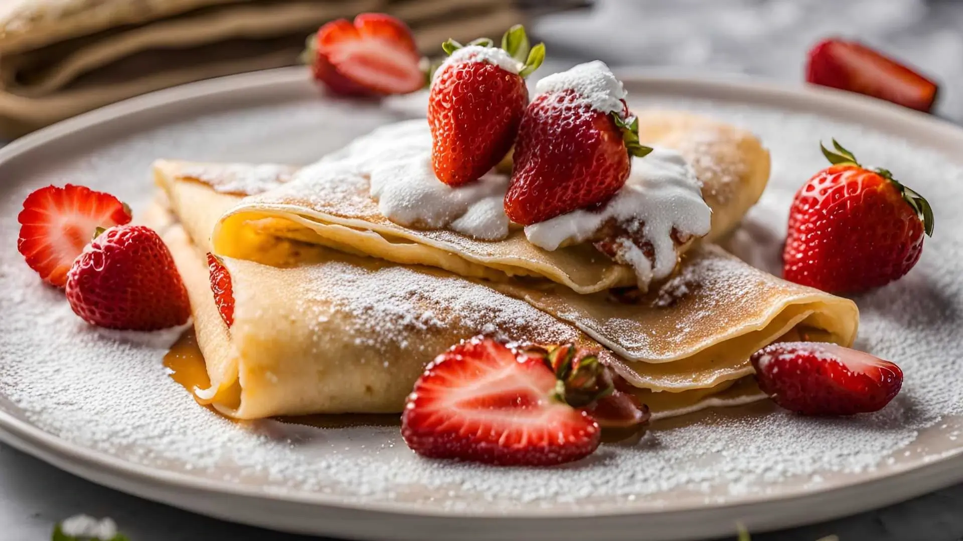 A close-up of a plate with perfectly cooked classic crepes topped with fresh strawberries, powdered sugar, and honey.