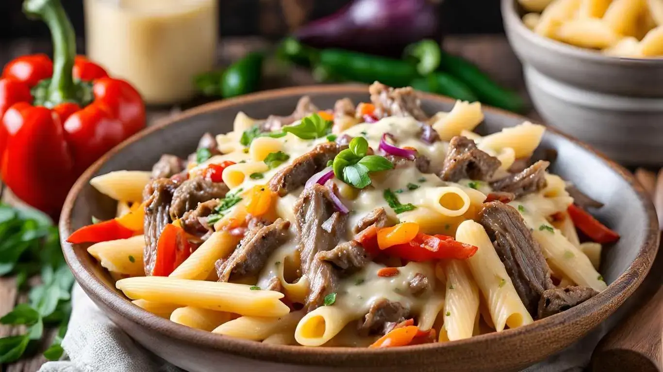 A bowl of Philly Cheesesteak Pasta with steak, peppers, onions, and a creamy cheese sauce.