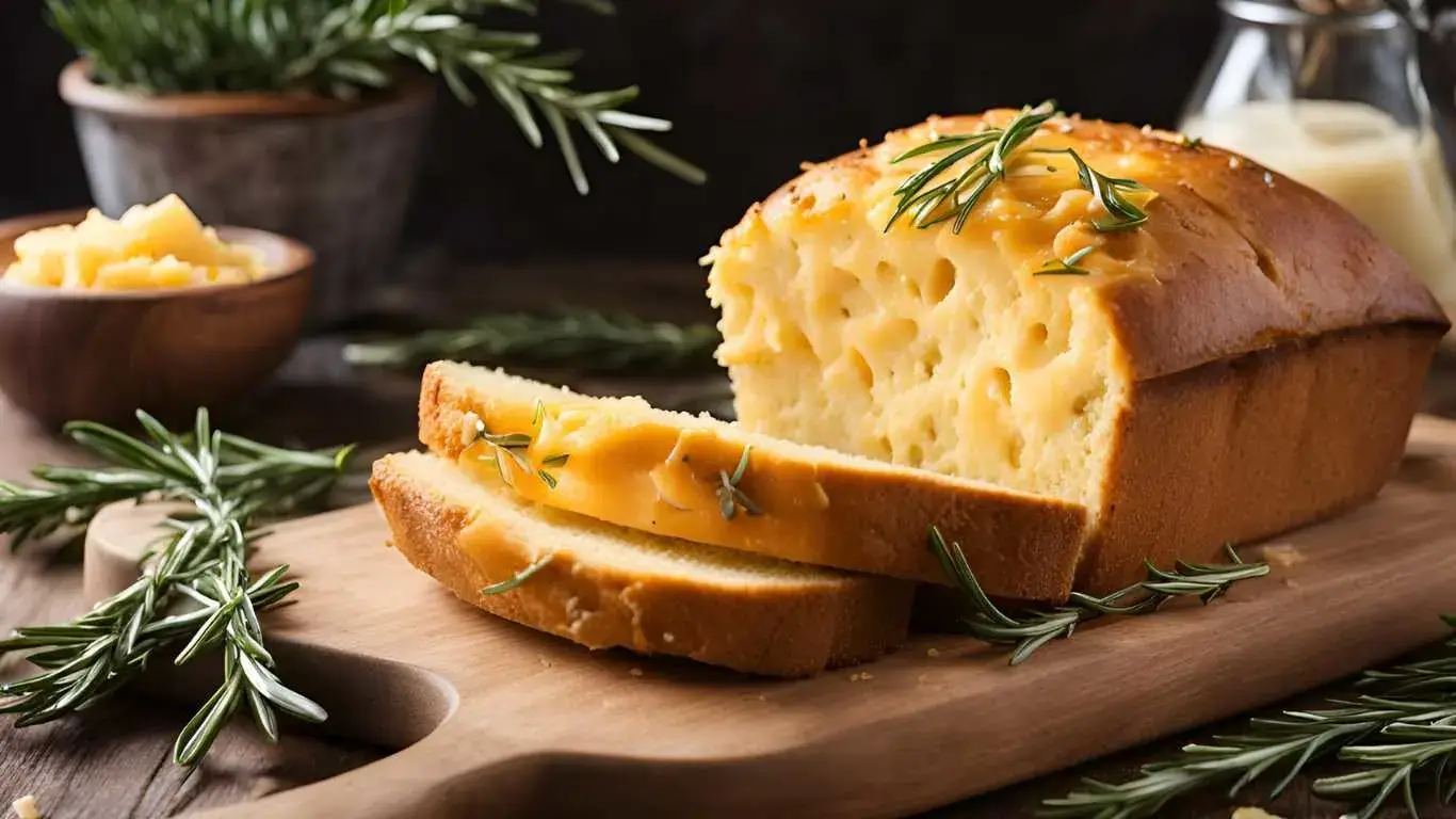 A golden loaf of cheddar cheese bread topped with melted cheese on a wooden cutting board, surrounded by ingredients like grated cheddar and butter