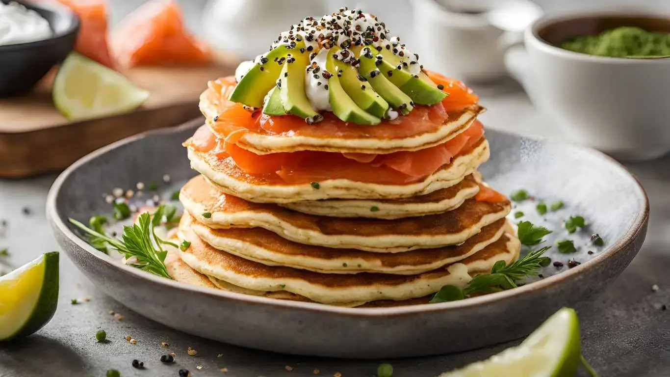 A stack of golden savory pancakes topped with smoked salmon, avocado slices, fresh chives, and sour cream, served on a wooden cutting board with a small bowl of sesame seeds and a drizzle of soy sauce nearby.