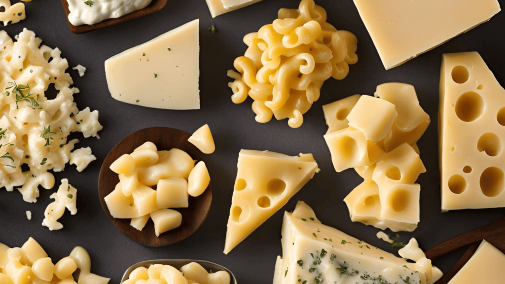 Selection of creamy cheeses like cream cheese, Monterey Jack, Gouda, and Havarti for mac and cheese