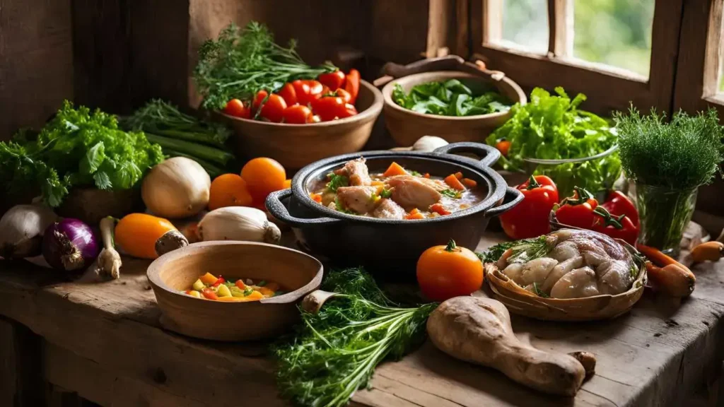 Ingredients for hearty chicken stew including chicken, vegetables, and herbs, ready for cooking.