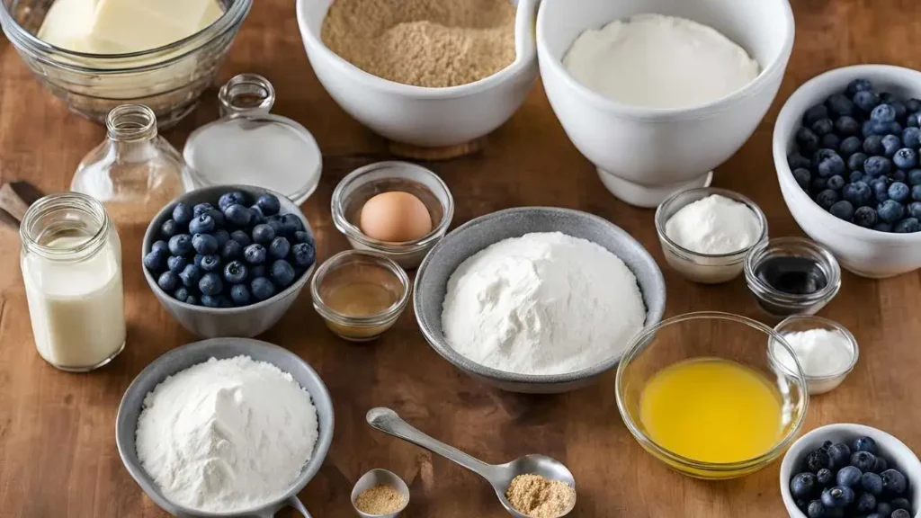 Ingredients for Sour Cream Blueberry Coffee Cake, including flour, sugar, sour cream, blueberries, butter, eggs, and spices, arranged on a rustic kitchen counter.