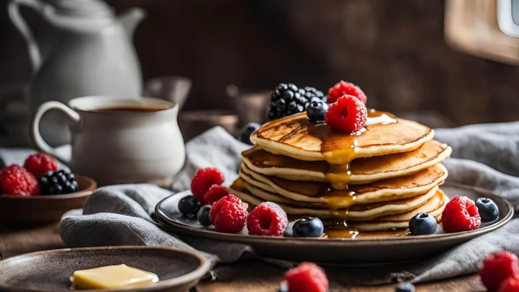 A tall stack of fluffy pancakes covered in maple syrup, garnished with fresh blueberries and strawberries, and a pat of butter melting on top, served on a wooden table.