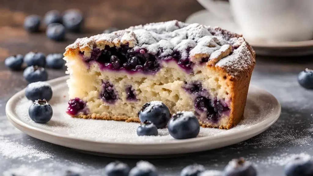 Blueberry coffee cake served on a ceramic plate with powdered sugar and fresh blueberries, alongside an airtight container for storage, in a cozy kitchen setting.