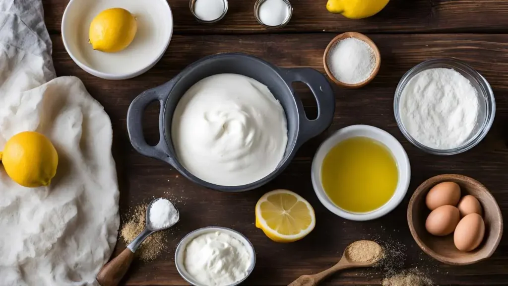 Fresh ingredients for Italian yogurt cake, including eggs, yogurt, flour, sugar, lemons, baking powder, and vanilla extract, arranged on a rustic wooden table.