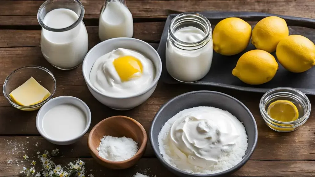 Fresh ingredients for Grandma’s Italian yogurt cake, including eggs, yogurt, flour, sugar, lemons, baking powder, and vanilla extract, arranged on a rustic wooden table in a cozy kitchen.