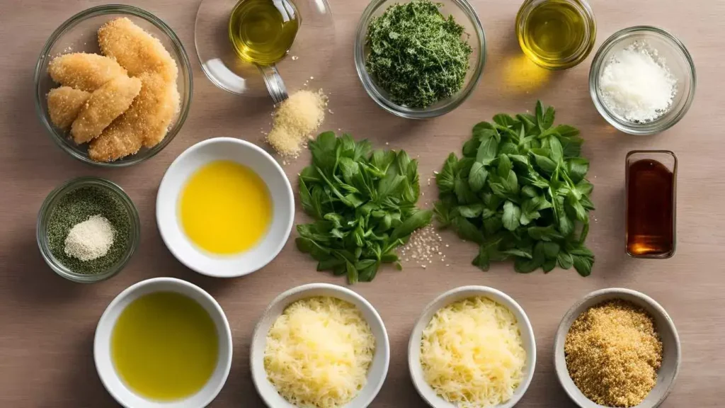 Flat-lay of ingredients for Crispy Parmesan Chicken Tenders, including boneless chicken breasts, Panko breadcrumbs, grated Parmesan cheese, eggs, olive oil, and a small bowl of Italian herbs (oregano, basil, thyme), arranged on a marble countertop.