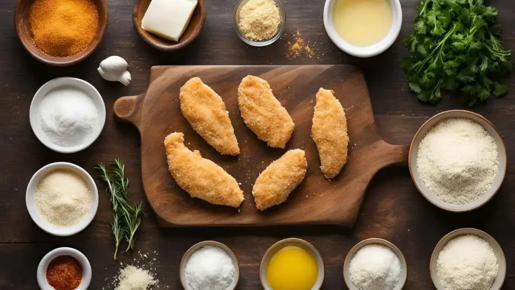 Ingredients for crispy Parmesan chicken tenders, including chicken tenderloins, Parmesan cheese, breadcrumbs, eggs, flour, and seasonings, arranged on a wooden table.