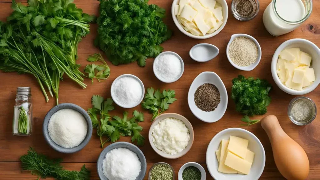 A flat lay of savory pancake ingredients, including flour, eggs, milk, grated cheese, chopped herbs, salt, pepper, and a whisk on a wooden countertop.