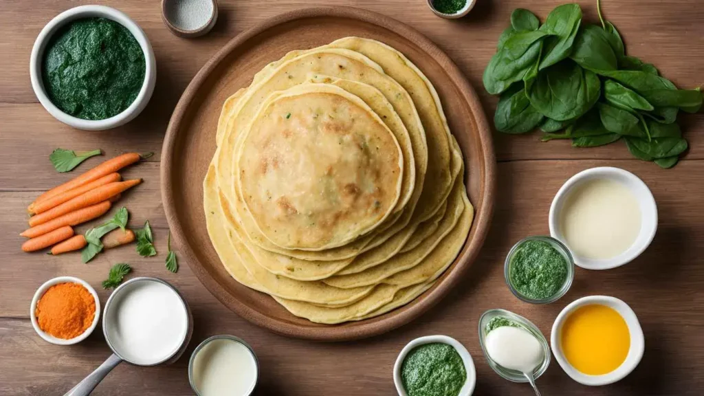  Essential ingredients for kid-friendly savory pancakes: flour, eggs, spinach, grated carrots, zucchini, and milk.