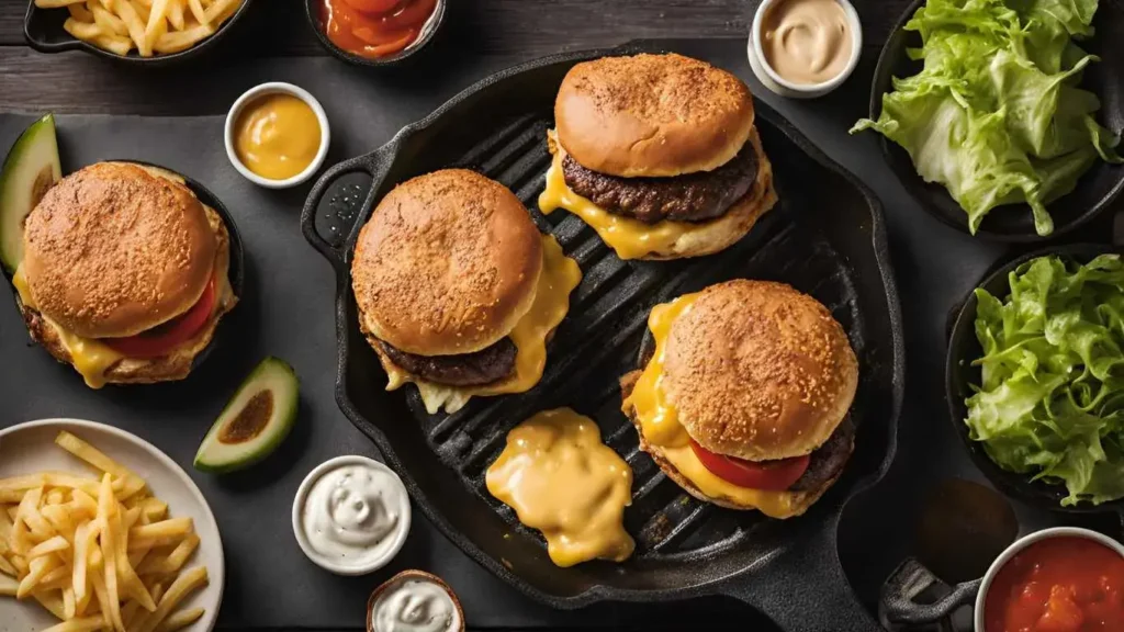 A sizzling smash patty with melted cheese on a cast iron skillet, surrounded by toasted buns, secret sauce, and fresh toppings.